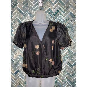 MADEWELL SHEER BLACK FLORAL 100% SILK PUFF SLEEVE ASTER PORTRAIT TOP BLOUSE MED